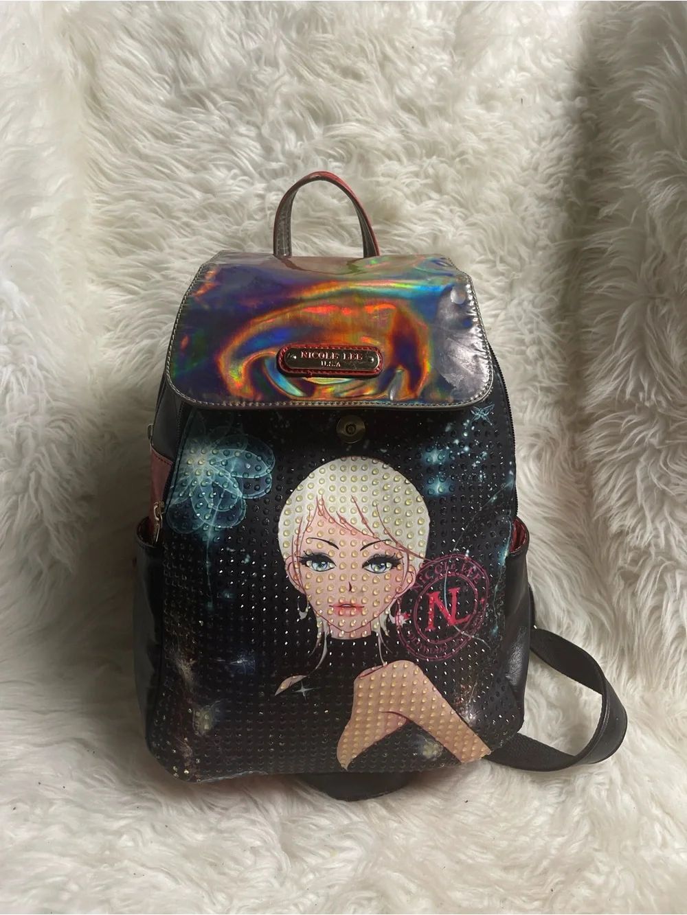 Nicole Lee Black Holographic Flap Starlet Illustration small Backpack.